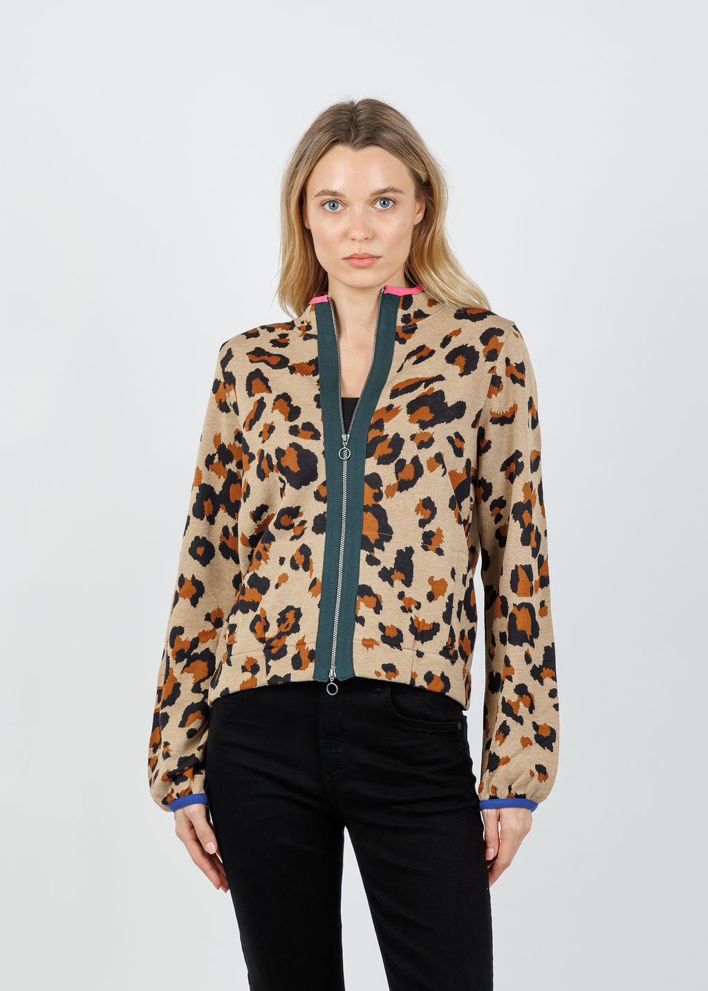 Aldomartins Olimpo Leopard Zip Sweater in Beige available at Barbara Katz
