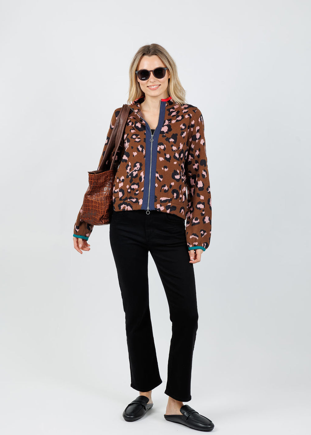 Aldomartins Olimpo Leopard Zip Sweater in Brown available at Barbara Katz