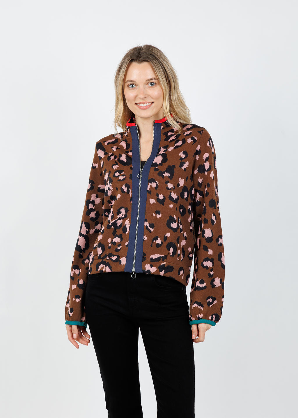 Aldomartins Olimpo Leopard Zip Sweater in Brown available at Barbara Katz