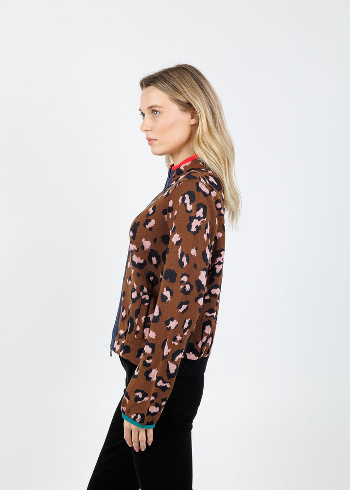 Aldomartins Olimpo Leopard Zip Sweater in Brown available at Barbara Katz
