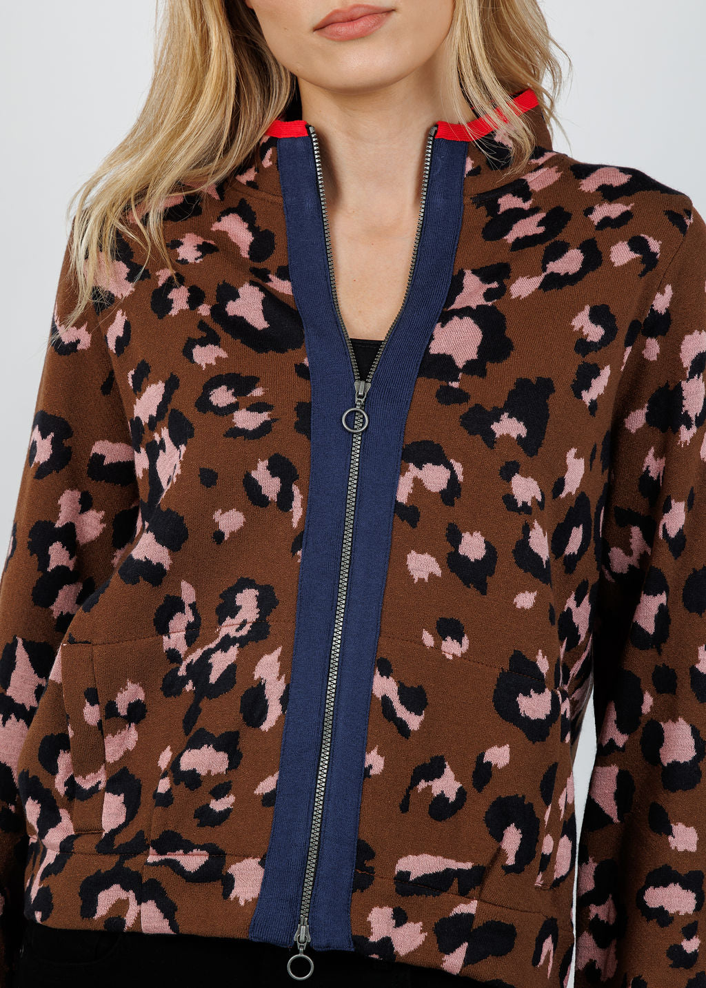 Aldomartins Olimpo Leopard Zip Sweater in Brown available at Barbara Katz