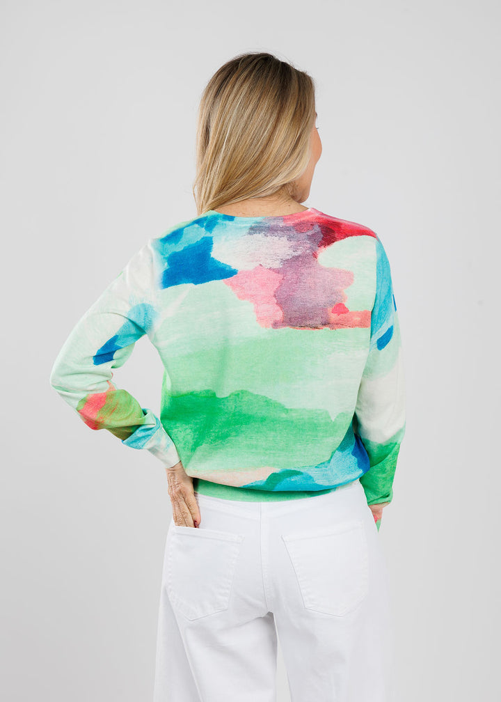 Aldomartins Boni Watercolor Cardigan paired with MAC Nevada Superwide Jeans in White available at Barbara Katz