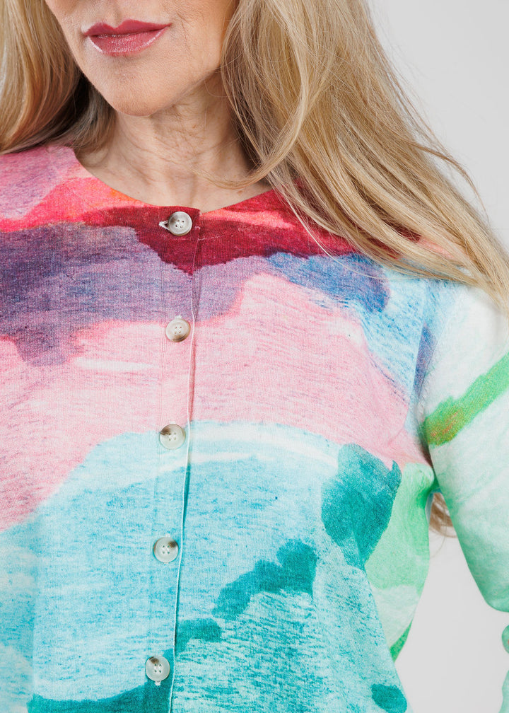 Aldomartins Boni Watercolor Cardigan paired with MAC Nevada Superwide Jeans in White available at Barbara Katz