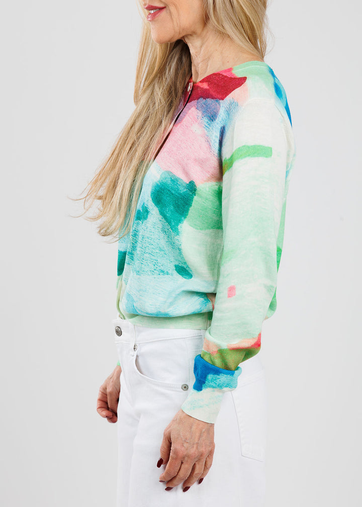 Aldomartins Boni Watercolor Cardigan paired with MAC Nevada Superwide Jeans in White available at Barbara Katz