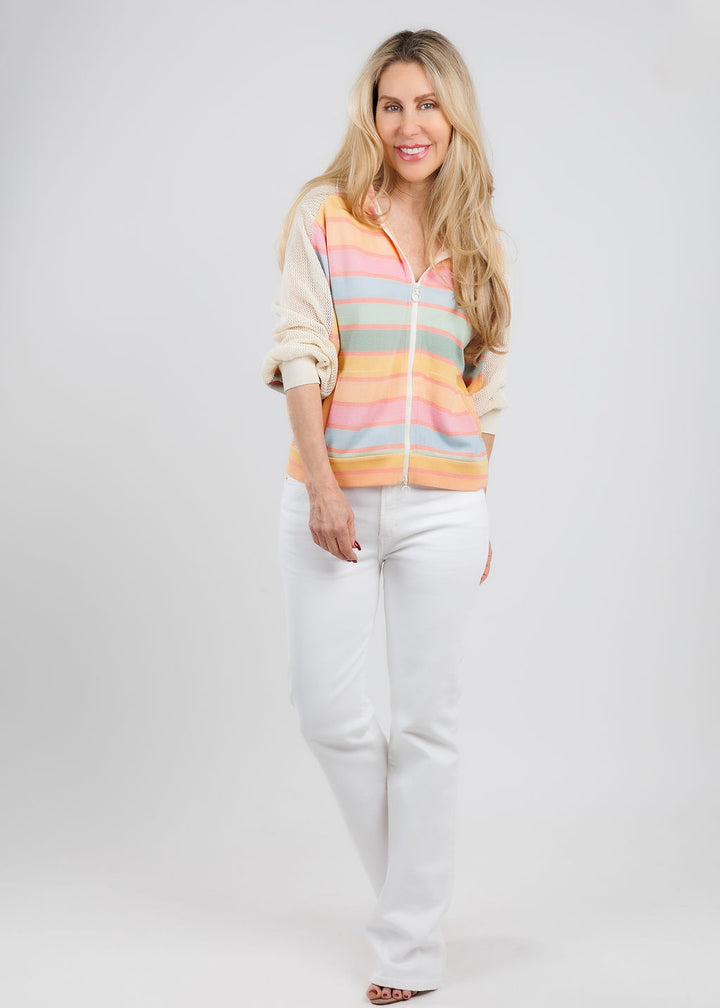 Aldomartins Diva Stripe Lines Zip-Up Hoodie in Multi paired with Frame Le Slim Palazzo Jeans in White available at Barbara Katz