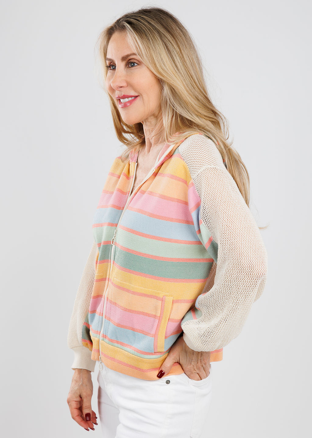 Aldomartins Diva Stripe Lines Long Sleeve Zip-Up Hoodie in Multi available at Barbara Katz