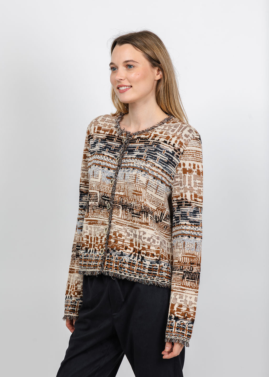 Aldomartins Fringe Button-Front Cardigan in Vanilla available at Barbara Katz