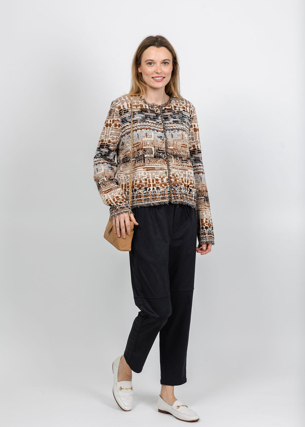 Aldomartins Fringe Button-Front Cardigan in Vanilla paired with Melissa Nepton Pablo Suede Jogger in Navy available at Barbara Katz