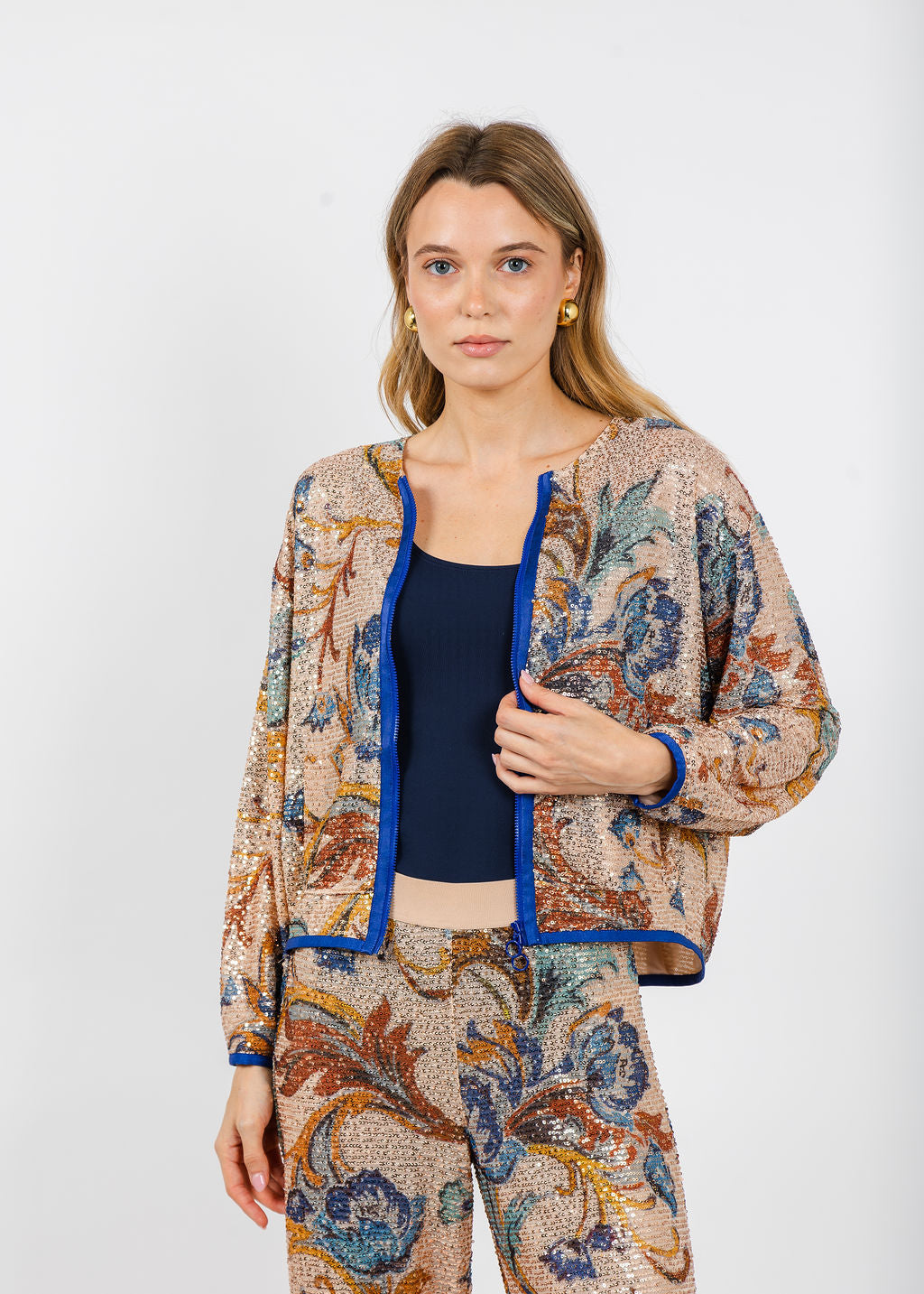Aldomartins Kate Sequin Zip-Up Jacket in Beige available at Barbara Katz