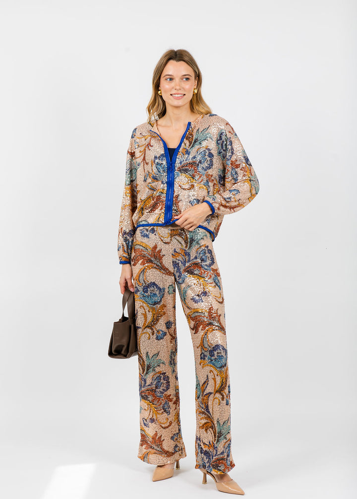 Aldomartins Kate Sequin Zip-Up Jacket & Pants in Beige available at Barbara Katz