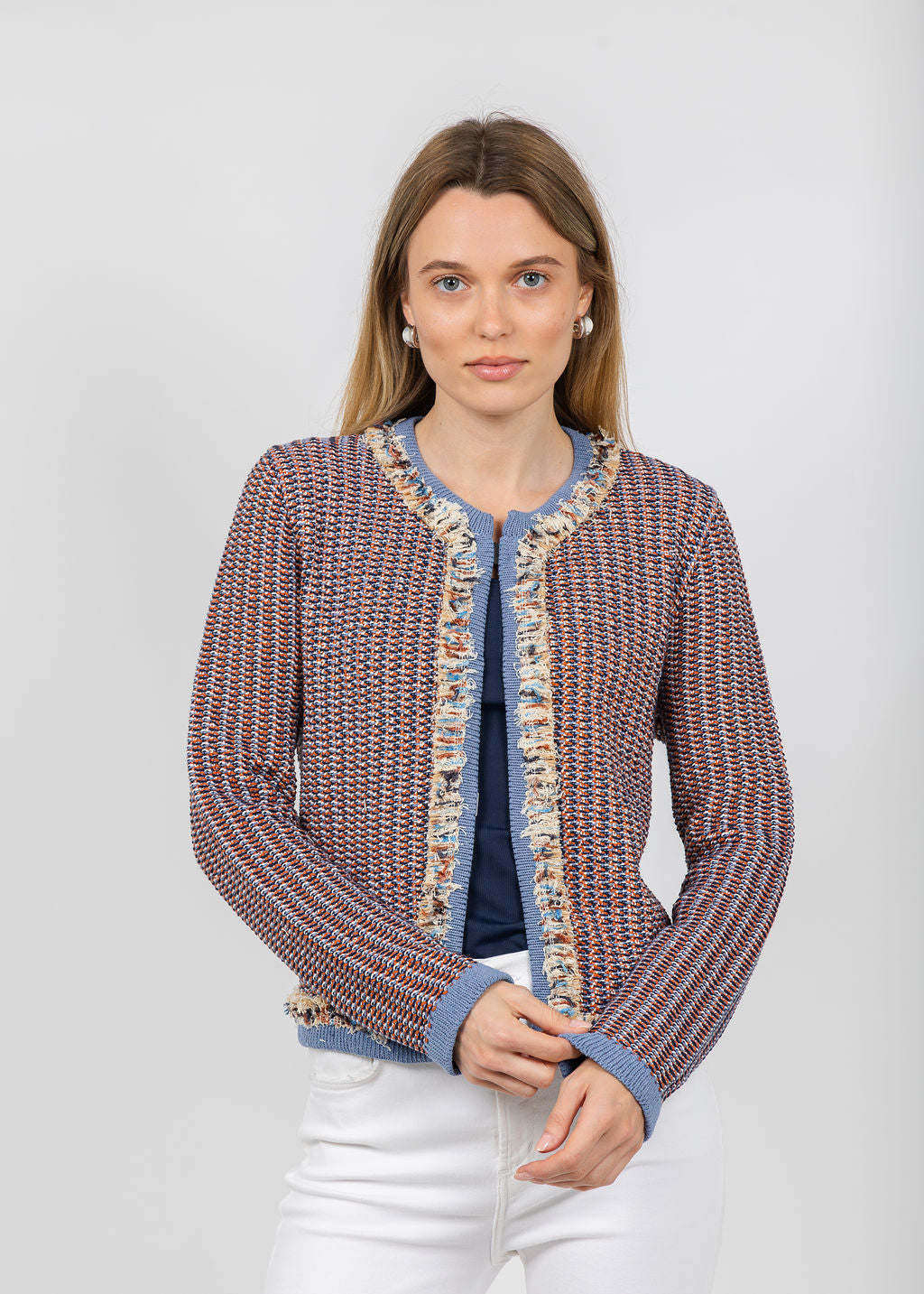 Aldomartins Megan Open Tweed Jacket in Blue available at Barbara Katz