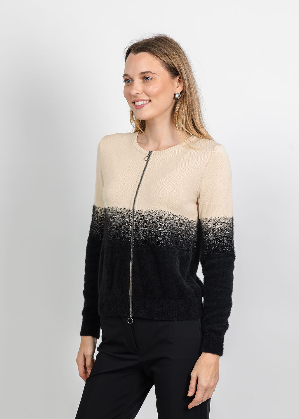 Aldomartins Two-Tone Zip-Front Cardigan in Black available at Barbara Kat