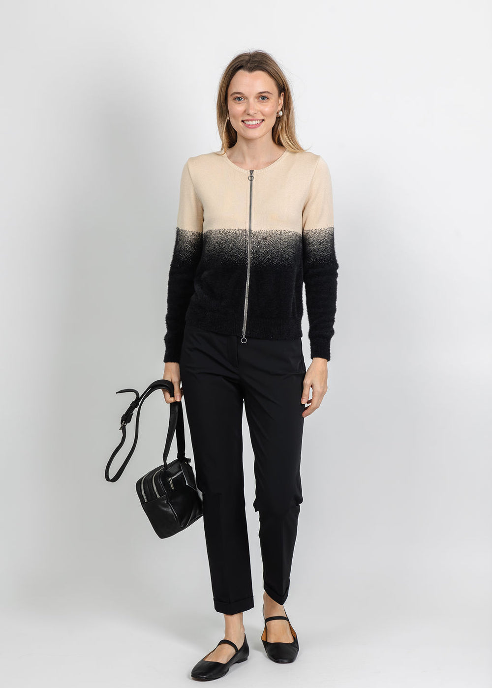 Aldomartins Two-Tone Zip-Front Cardigan in Black available at Barbara Kat