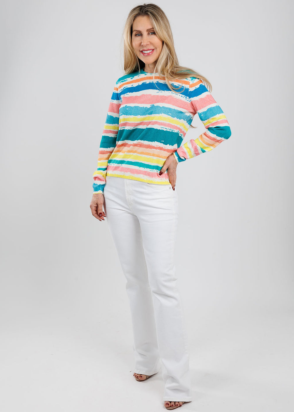 Aldomartins Avalon Crew Neck Sweater in Green paired with Frame Le Slim Palazzo Jeans in White available at Barbara Katz