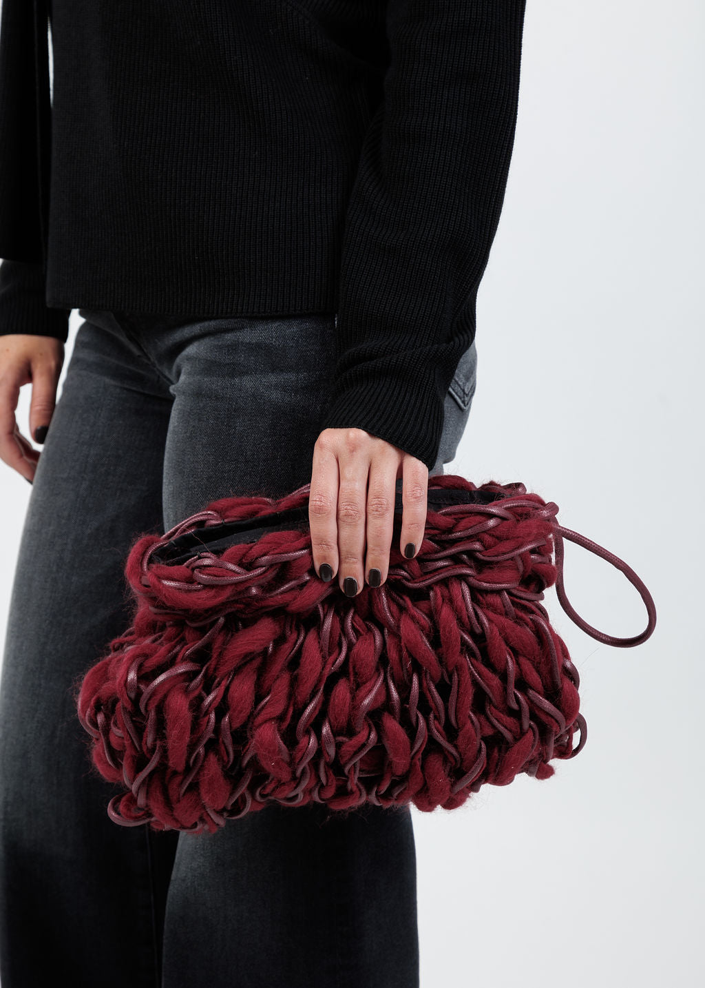 Alienina Thalia Clutch in Burgundy Mohair available at Barbara Katz