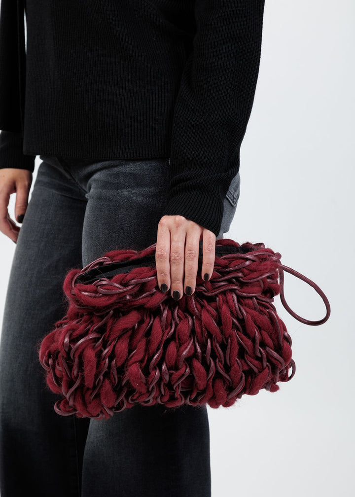 Alienina Thalia Clutch in Burgundy Mohair available at Barbara Katz