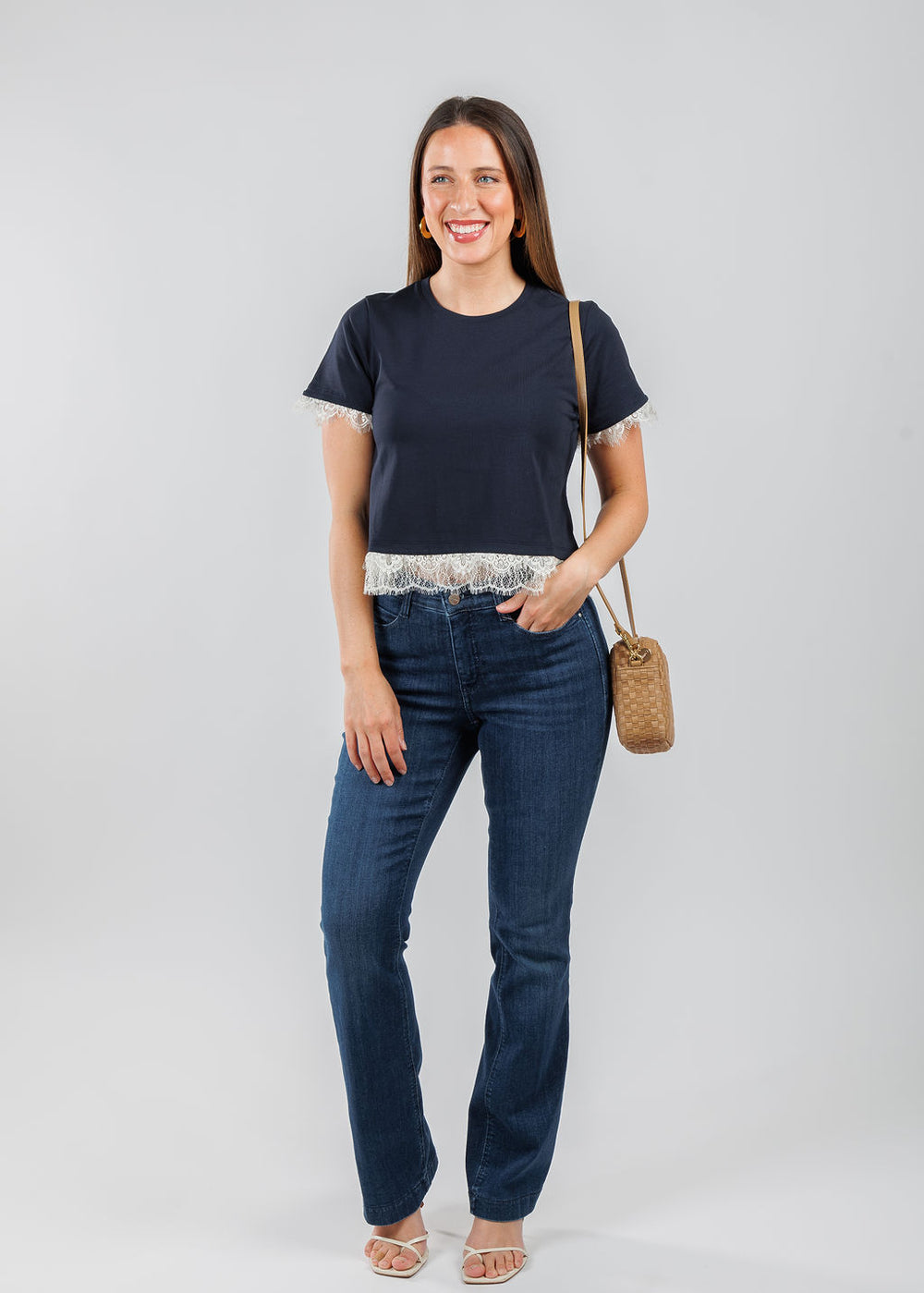 Cinq a Sept Ami Tee in Navy/Ivory paired with MAC Dream Boot Jeans in Midnight Blue Wash available at Barbara Katz