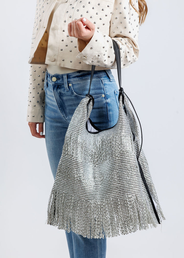 Anita Bilardi Picasso Raffia Handbag in Silver available at Barbara Katz