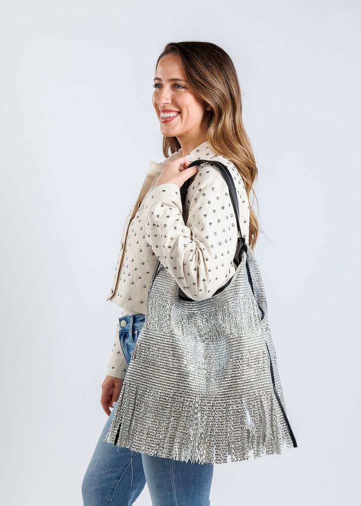 Anita Bilardi Picasso Raffia Handbag in Silver available at Barbara Katz
