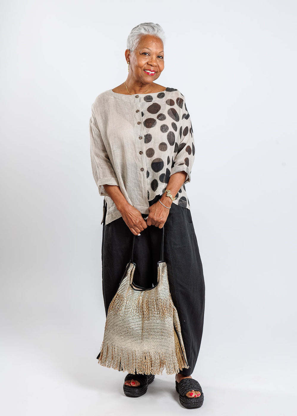 Banana Blue Luana Shirt Cardigan in Dot Flax paired with Banana Blue Charlotte Pants in Black, Anita Bilardi Picasso Raffia Handbag in Soft Gold available at Barbara Katz