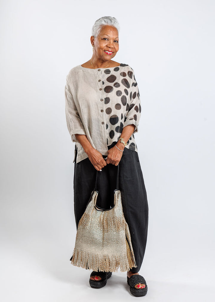 Banana Blue Luana Shirt Cardigan in Dot Flax paired with Banana Blue Charlotte Pants in Black, Anita Bilardi Picasso Raffia Handbag in Soft Gold available at Barbara Katz