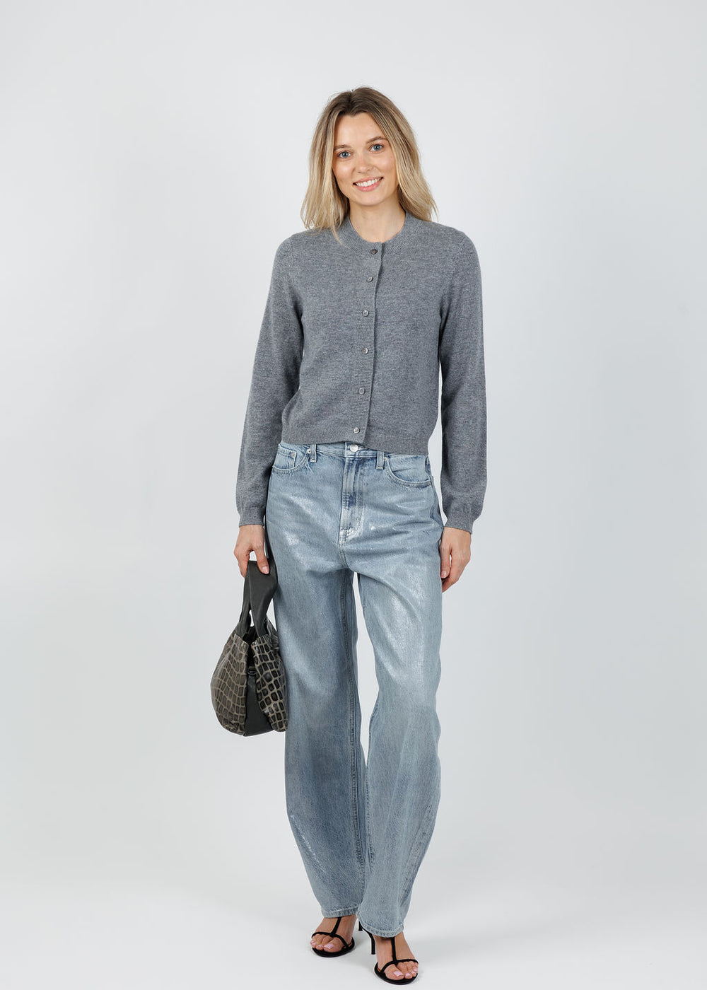 Archer Cashmere Classic Boyfriend Cardigan in Heather Grey available at Barbara Katz