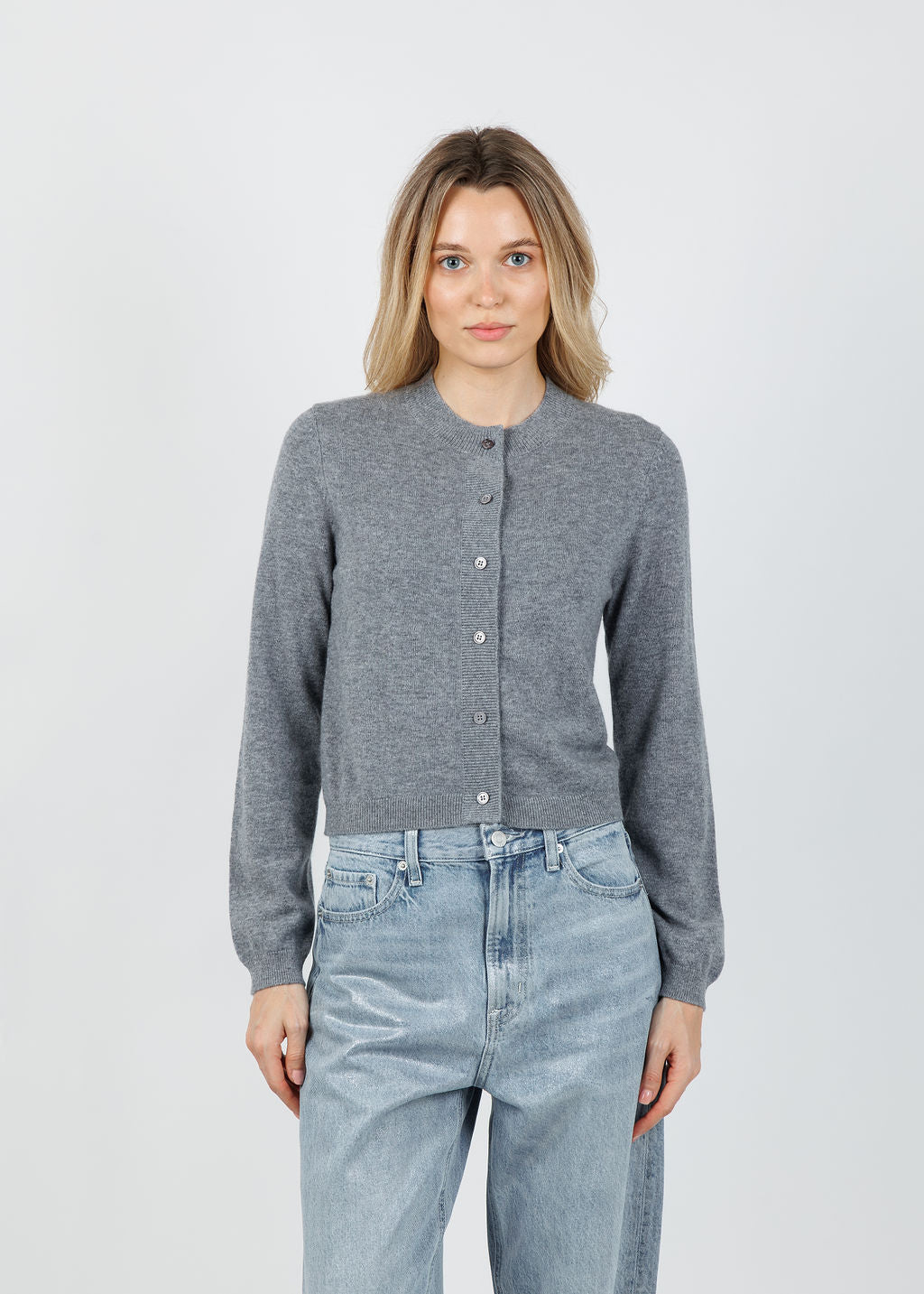 Archer Cashmere Classic Boyfriend Cardigan in Heather Grey available at Barbara Katz