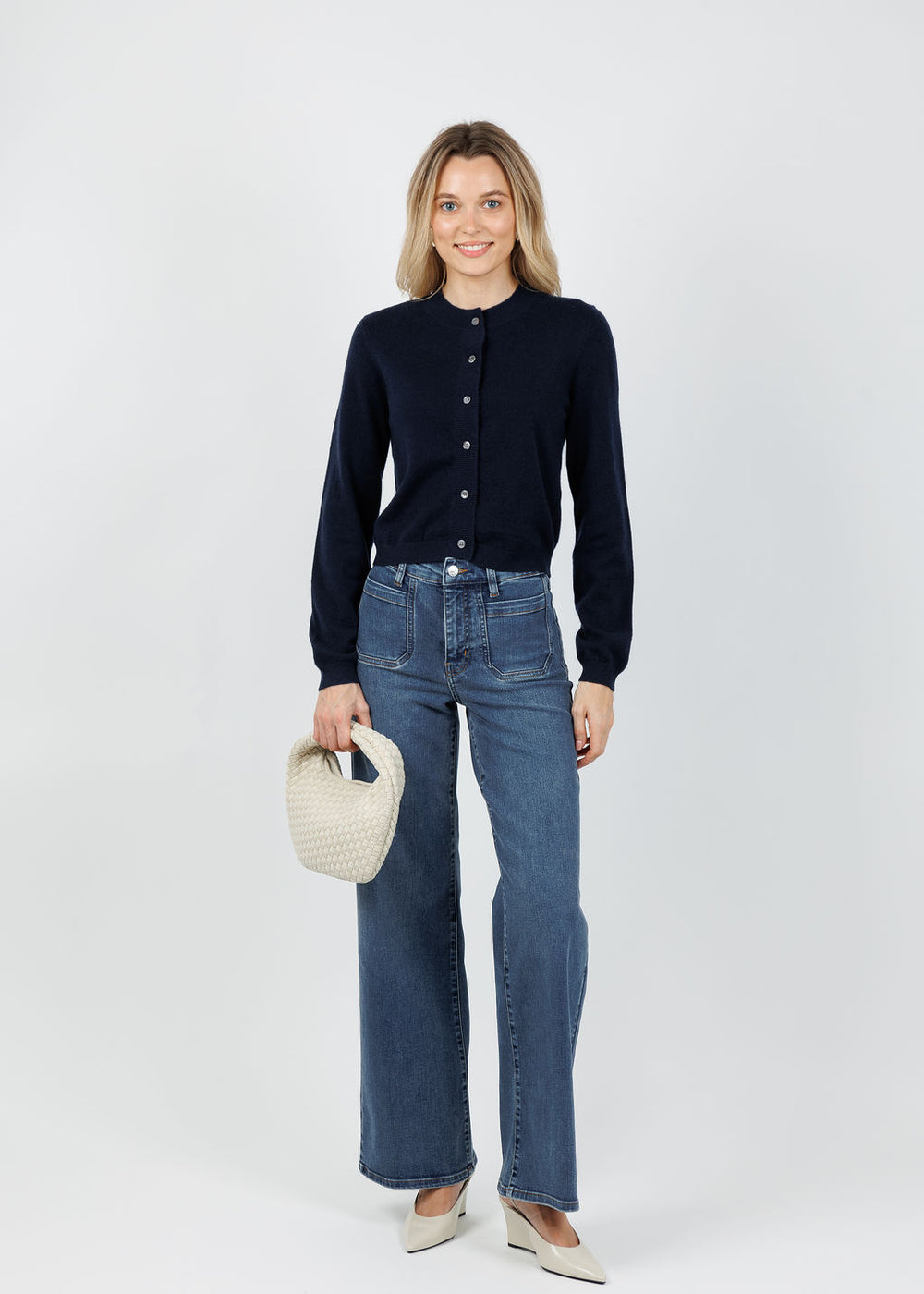Archer Cashmere Classic Boyfriend Cardigan in Midnight available at Barbara Katz