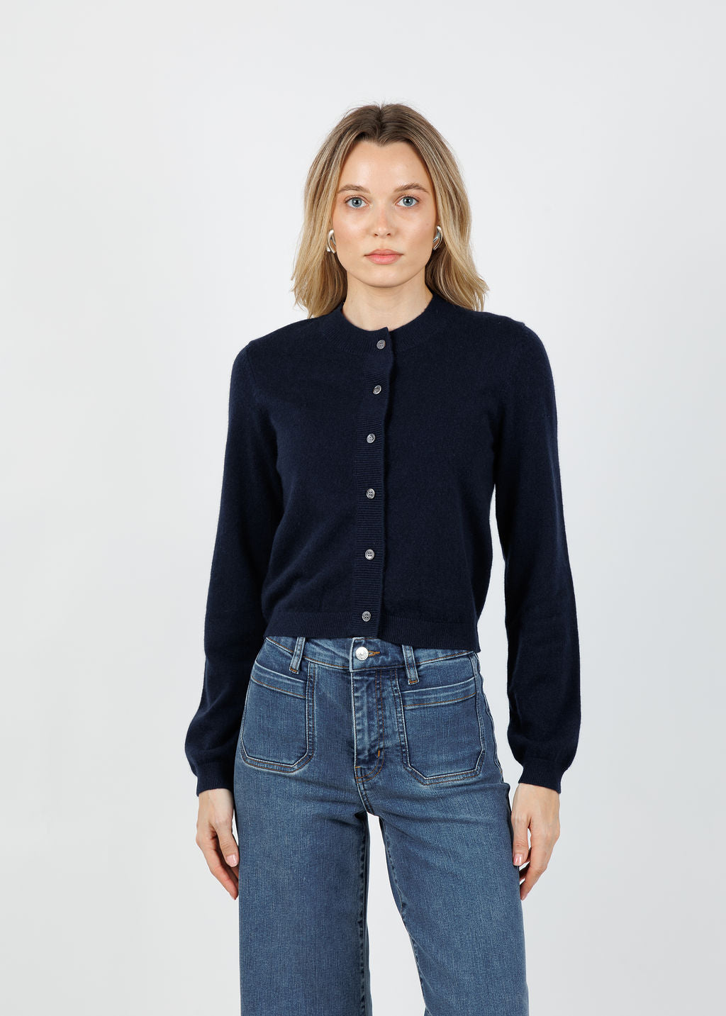 Archer Cashmere Classic Boyfriend Cardigan in Midnight available at Barbara Katz
