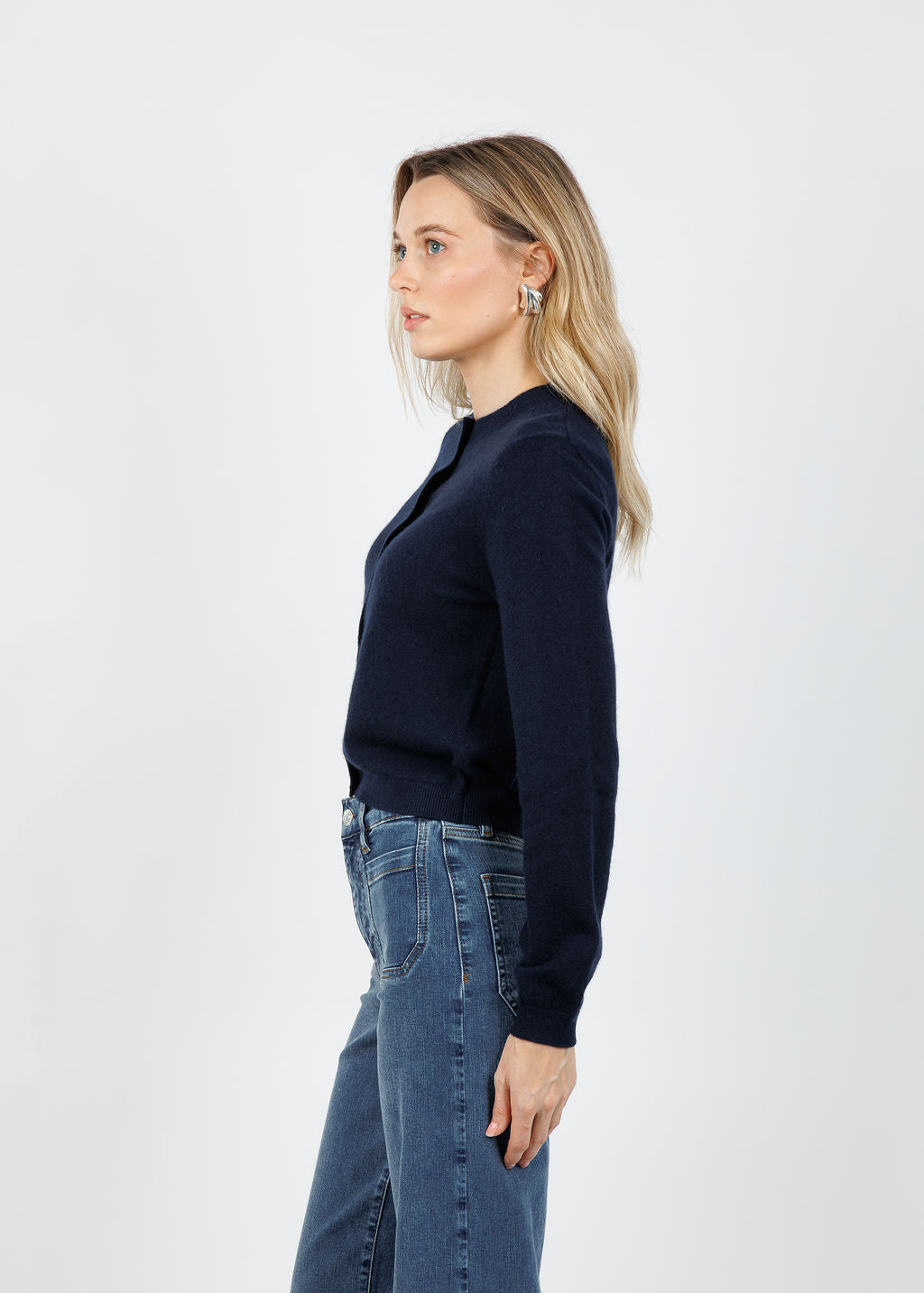 Archer Cashmere Classic Boyfriend Cardigan in Midnight available at Barbara Katz