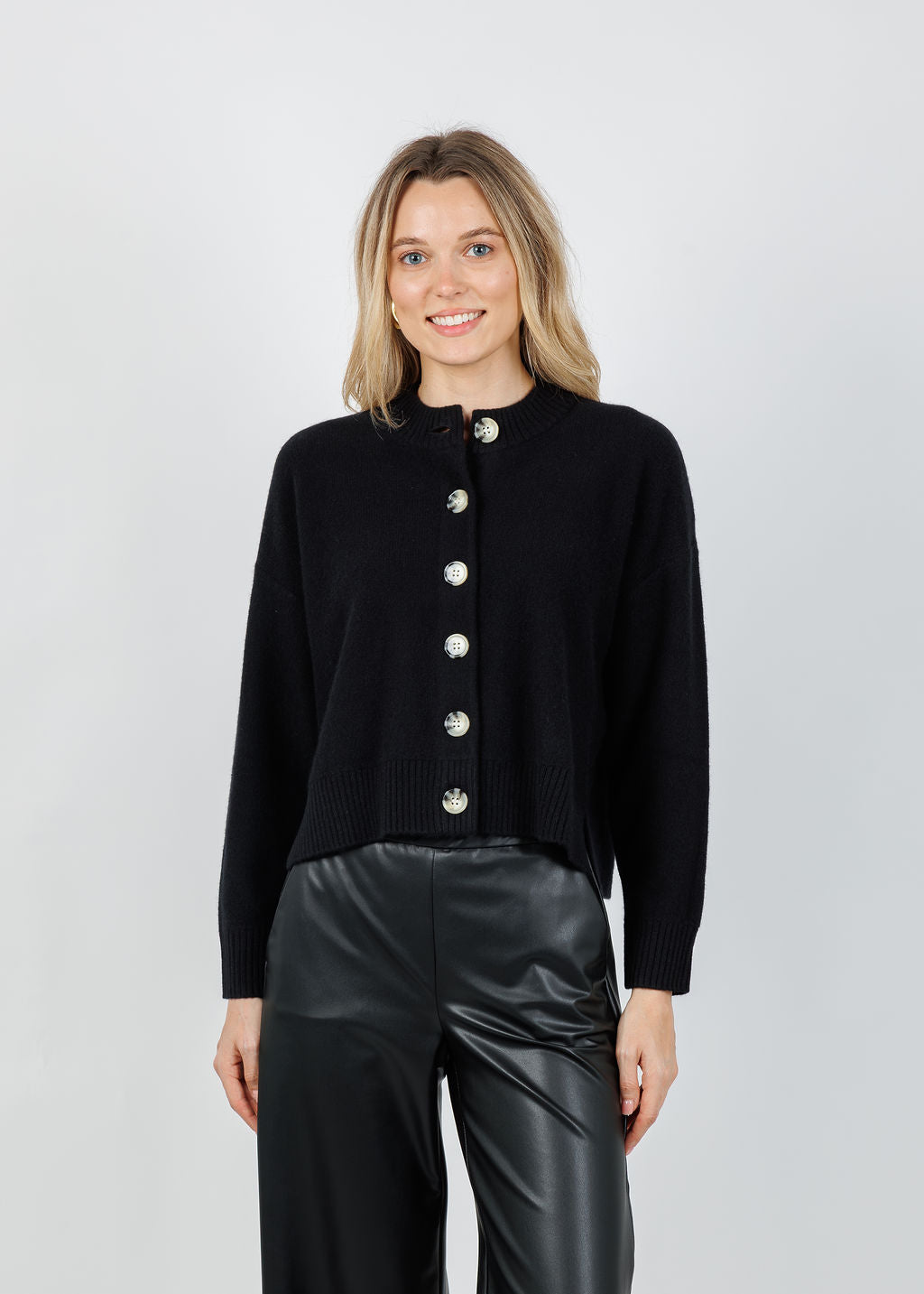 Archer Cashmere Nina Crew Neck Cardigan in Black available at Barbara Katz