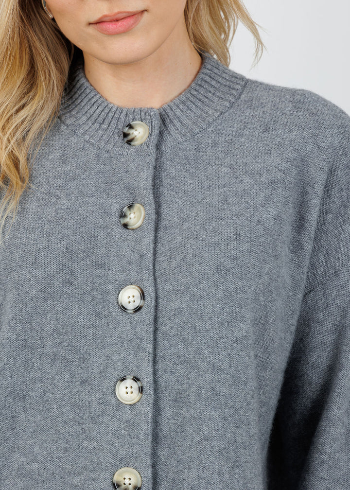 Archer Cashmere Nina Crew Neck Cardigan in Heather Grey  available at Barbara Katz