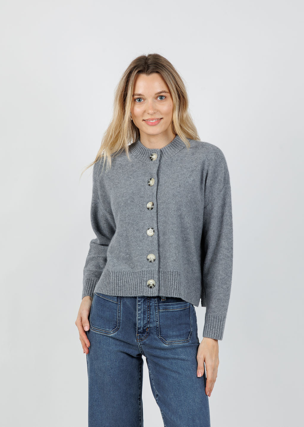 Archer Cashmere Nina Crew Neck Cardigan in Heather Grey  available at Barbara Katz