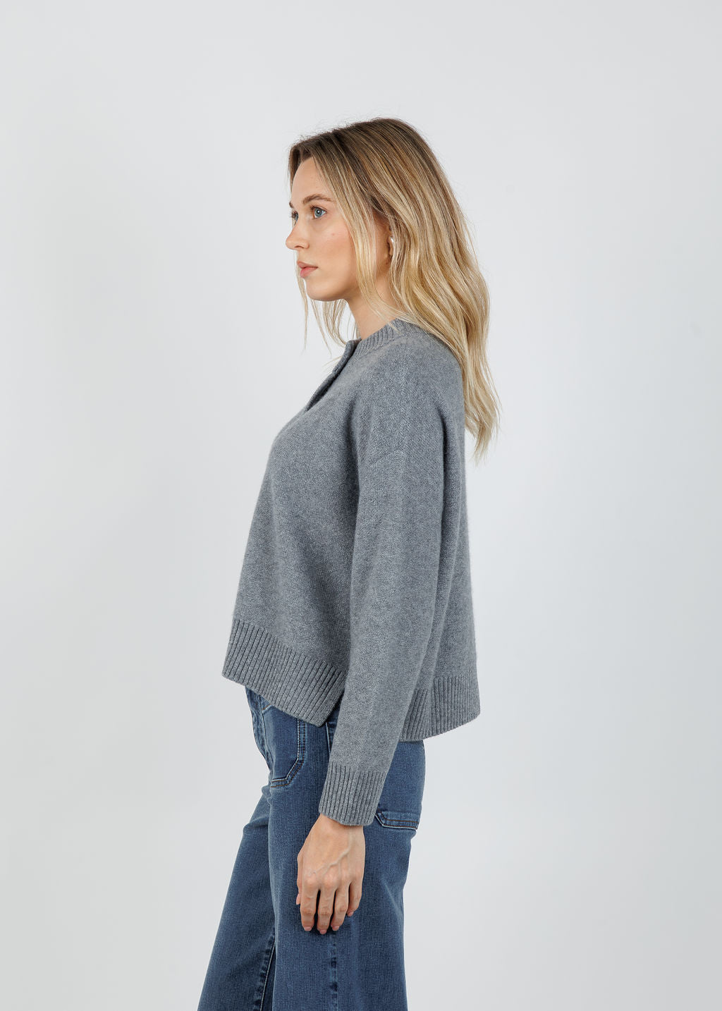 Archer Cashmere Nina Crew Neck Cardigan in Heather Grey  available at Barbara Katz