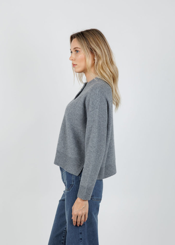 Archer Cashmere Nina Crew Neck Cardigan in Heather Grey  available at Barbara Katz