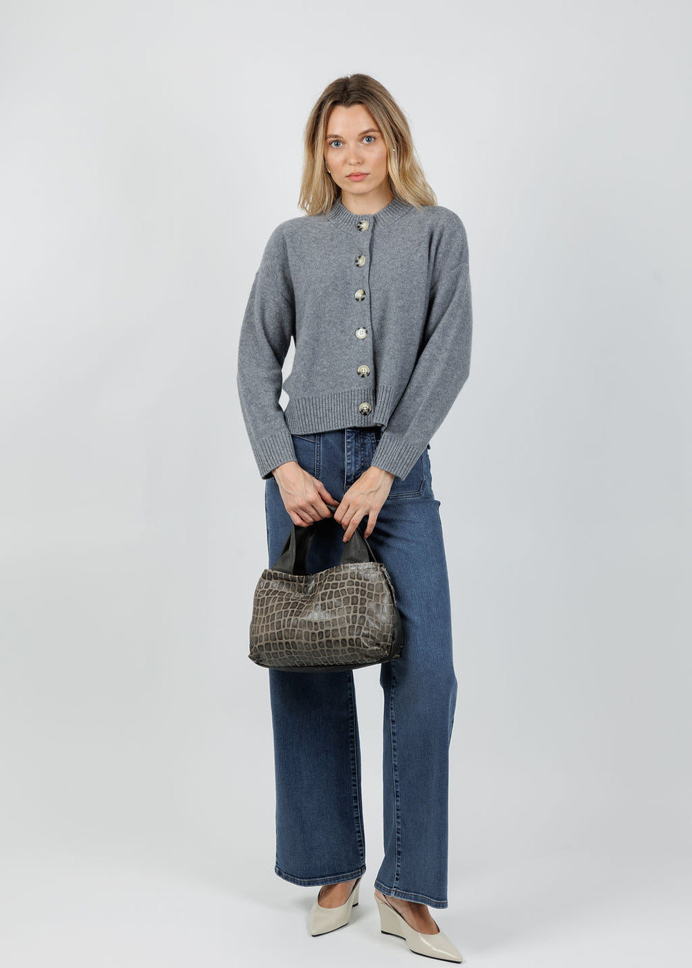 Archer Cashmere Nina Crew Neck Cardigan in Heather Grey  available at Barbara Katz