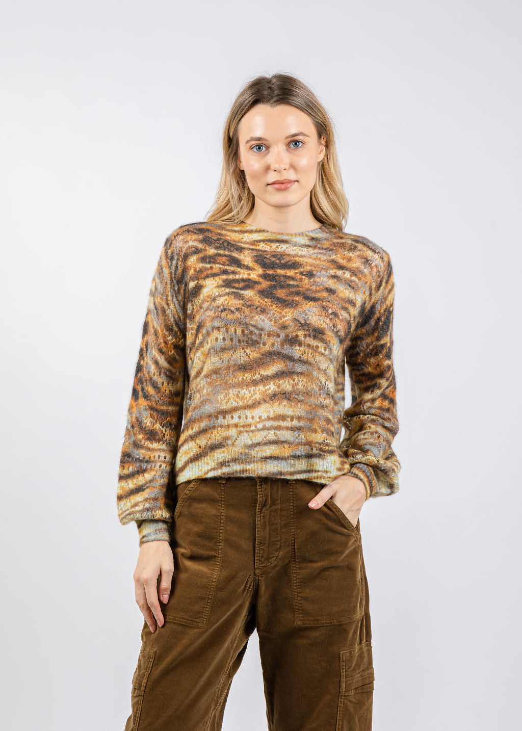 Autumn Cashmere Animal Print Pointelle Crew Sweater in Neutral Combo available at Barbara Katz