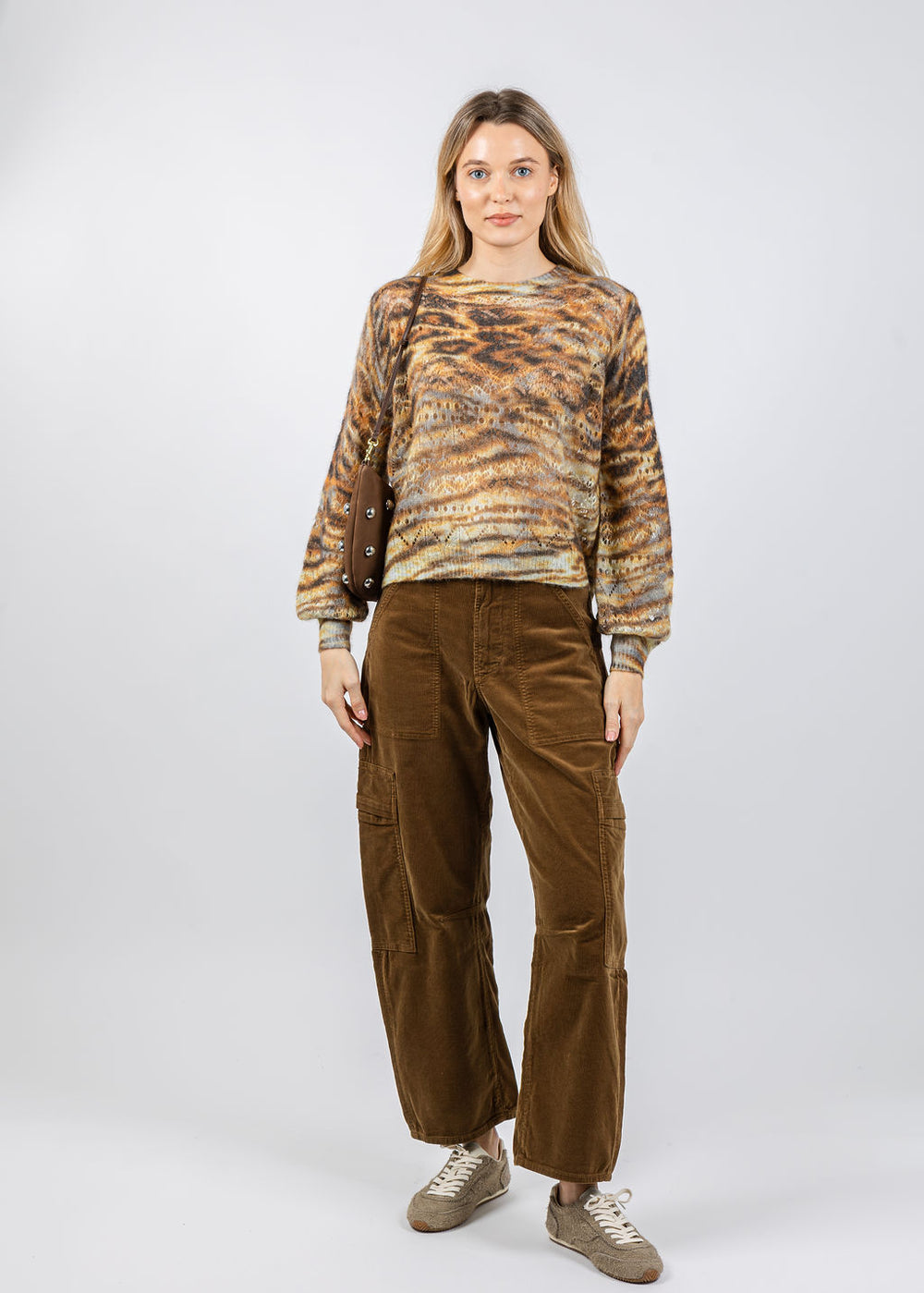 Autumn Cashmere Animal Print Pointelle Crew Sweater in Neutral Combo available at Barbara Katz