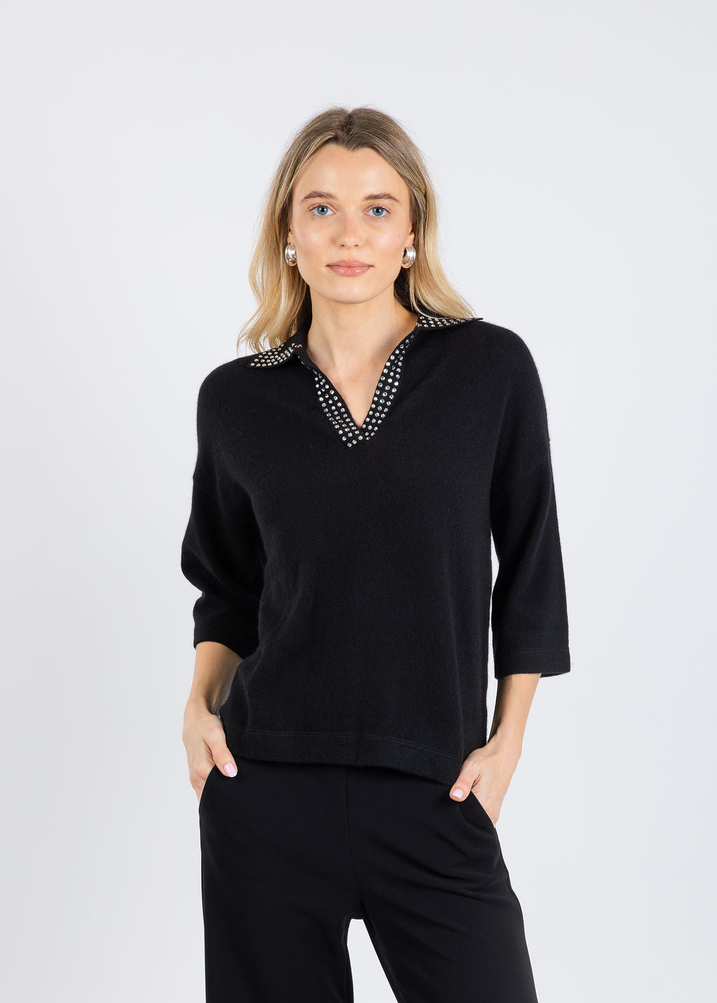 Autumn Cashmere Boxy Jonny Collar With Jewel Trim Sweater in Black available at Barbara Katz