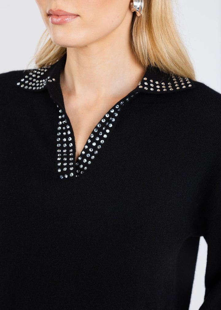 Autumn Cashmere Boxy Jonny Collar With Jewel Trim Sweater in Black available at Barbara Katz