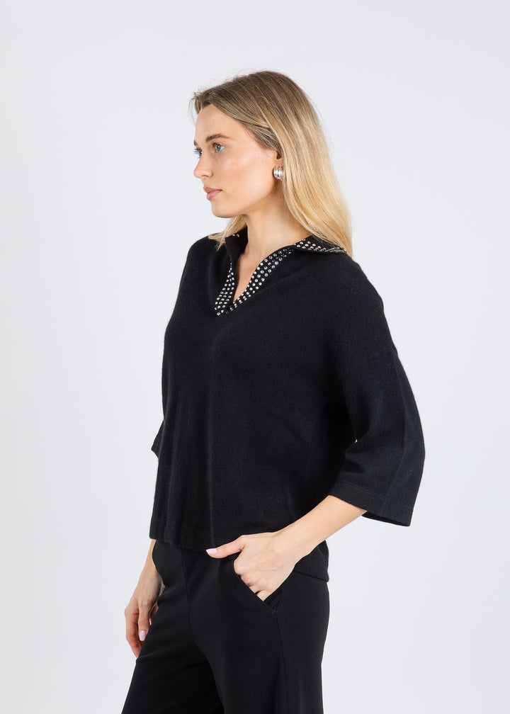Autumn Cashmere Boxy Jonny Collar With Jewel Trim Sweater in Black available at Barbara Katz