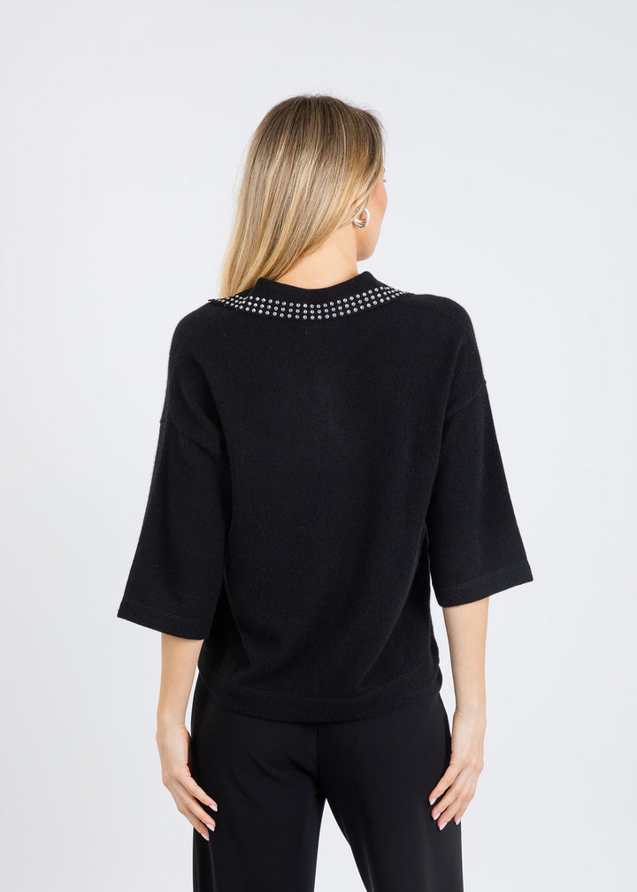 Autumn Cashmere Boxy Jonny Collar With Jewel Trim Sweater in Black available at Barbara Katz
