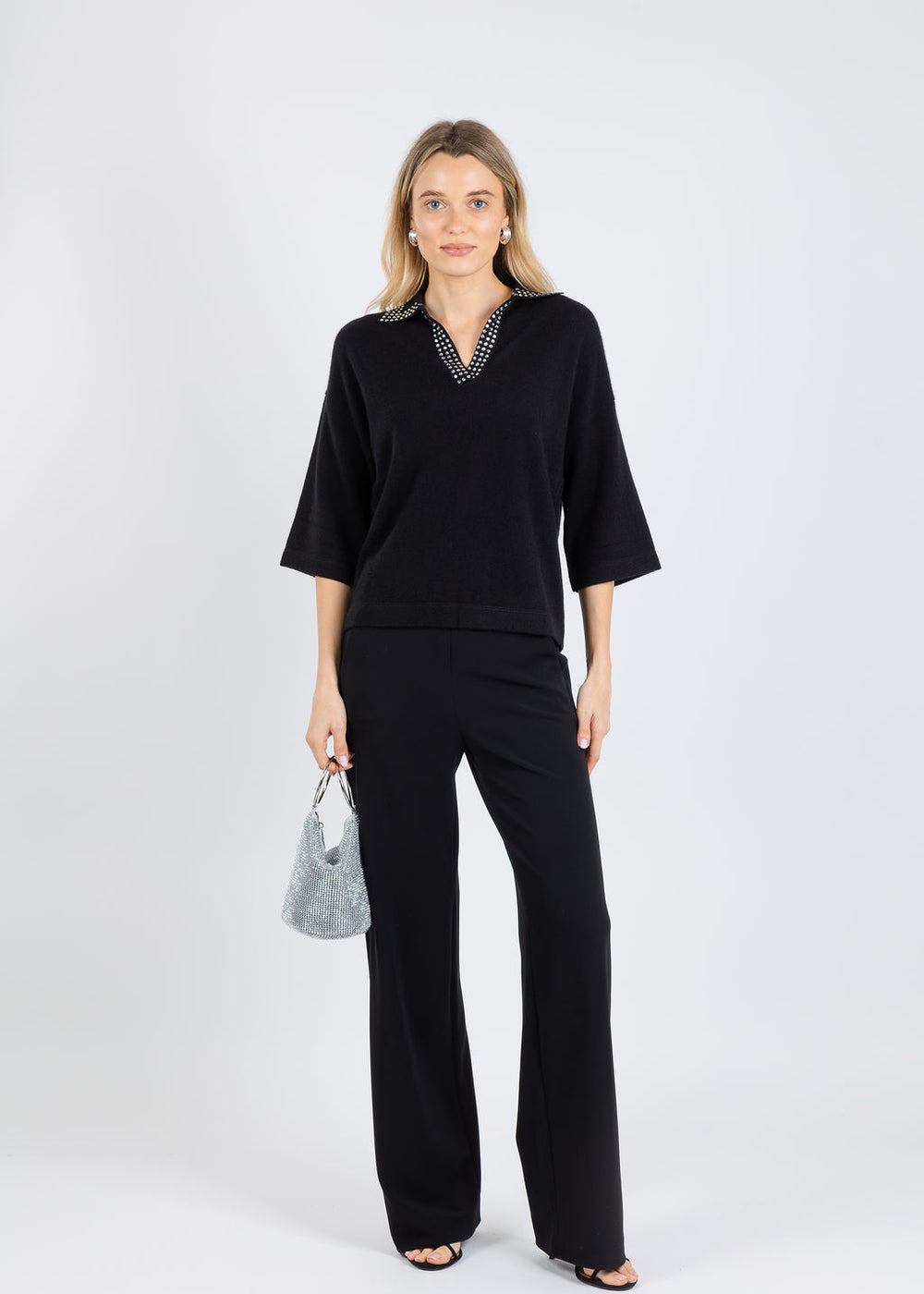 Autumn Cashmere Boxy Jonny Collar With Jewel Trim Sweater in Black available at Barbara Katz
