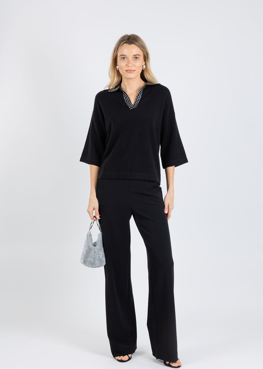 Autumn Cashmere Boxy Jonny Collar With Jewel Trim Sweater in Black available at Barbara Katz