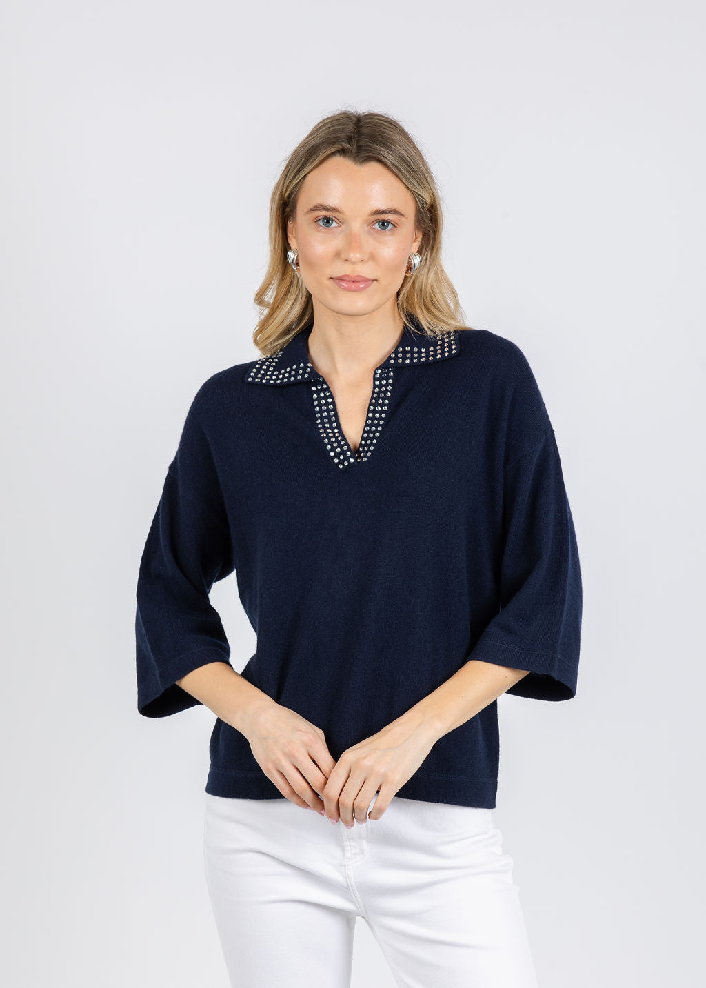 Autumn Cashmere Boxy Jonny Collar With Jewel Trim Sweater in Navy available at Barbara Katz