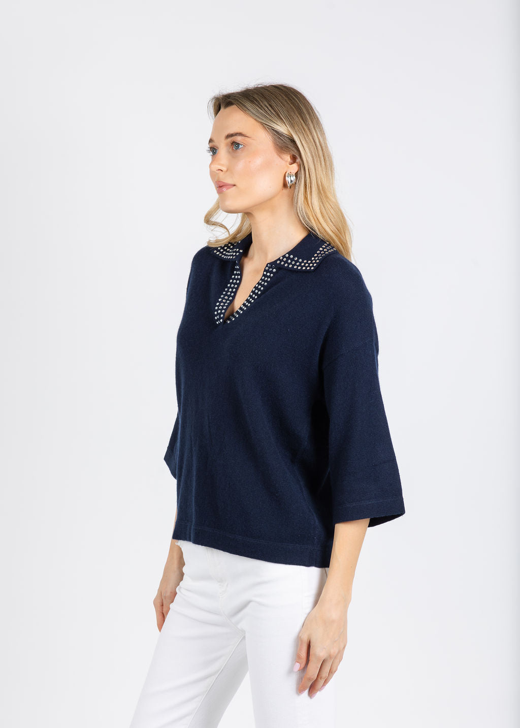 Autumn Cashmere Boxy Jonny Collar With Jewel Trim Sweater in Navy available at Barbara Katz