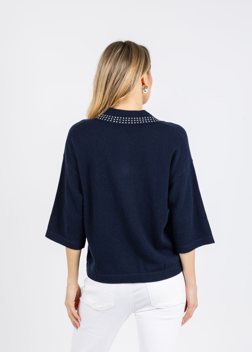 Autumn Cashmere Boxy Jonny Collar With Jewel Trim Sweater in Navy available at Barbara Katz