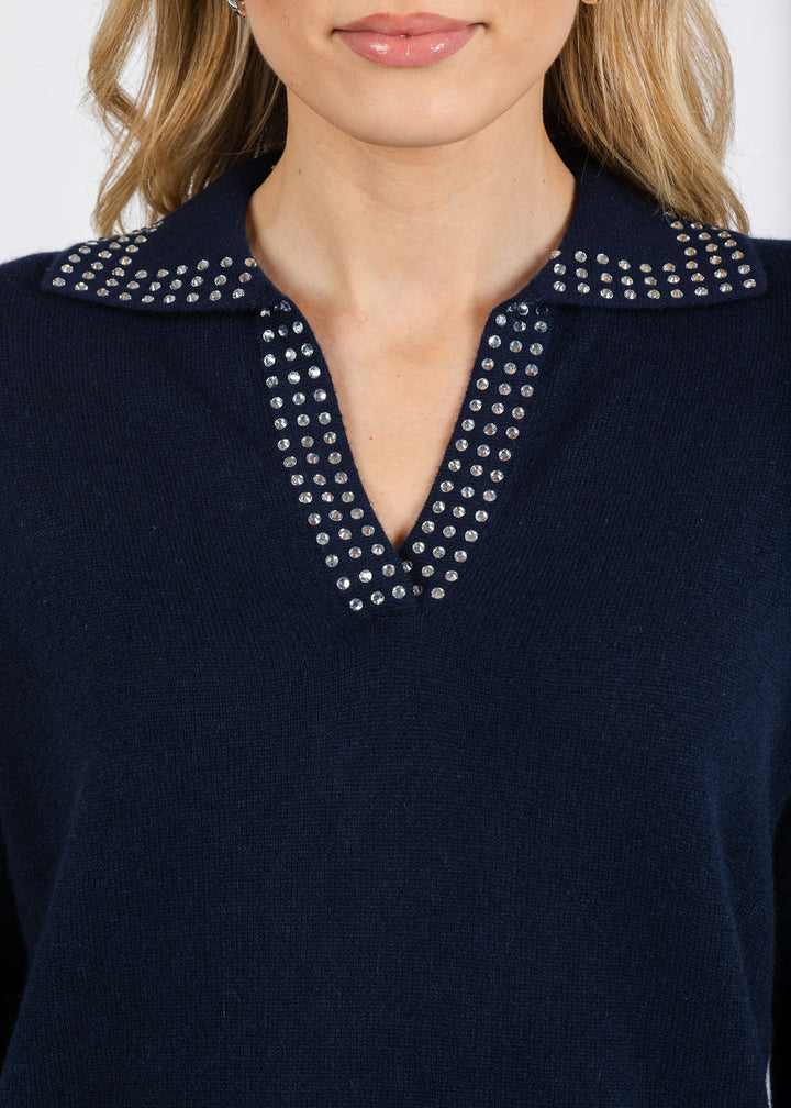 Autumn Cashmere Boxy Jonny Collar With Jewel Trim Sweater in Navy available at Barbara Katz