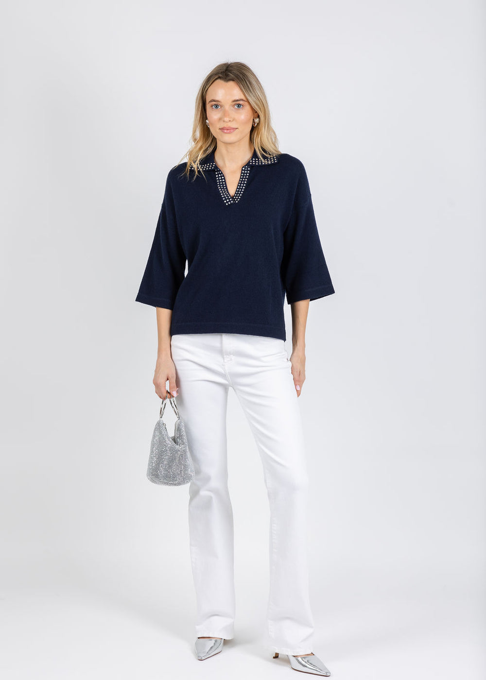 Autumn Cashmere Boxy Jonny Collar With Jewel Trim Sweater in Navy available at Barbara Katz