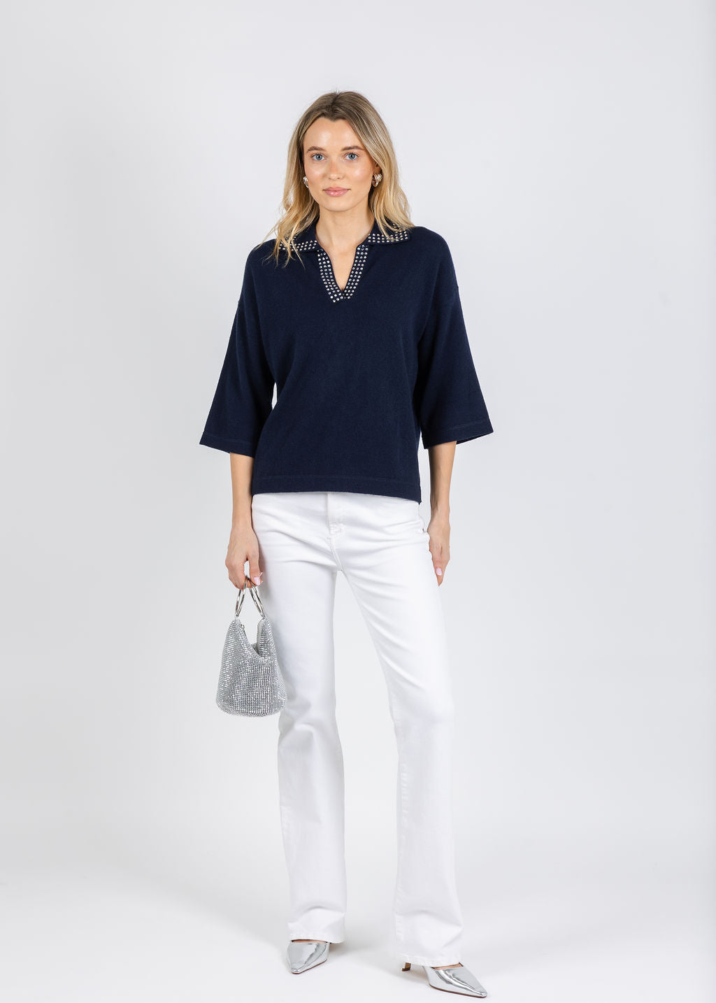 Autumn Cashmere Boxy Jonny Collar With Jewel Trim Sweater in Navy available at Barbara Katz